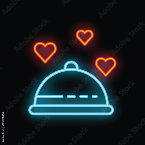 Neon glowing icon of a restaurant cloche with hearts over it, perfect for representing a romantic dinner date