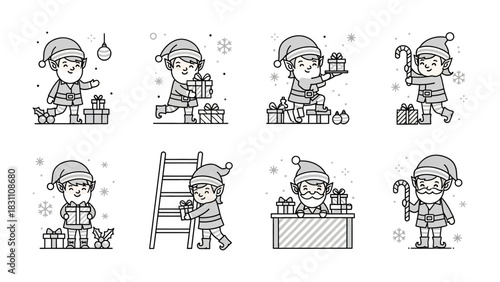 Christmas Elves: A collection of charming cartoon elves engaged in various festive tasks, their expressions radiating the spirit of Christmas.