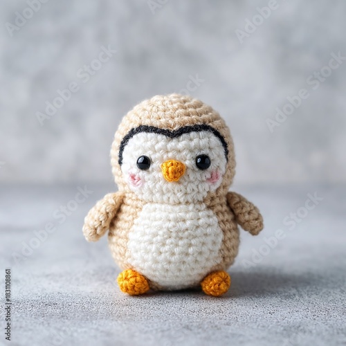 Knitted penguin. Handicraft. A miniature, funny penguin crocheted from yarn is a cute and kind gift.