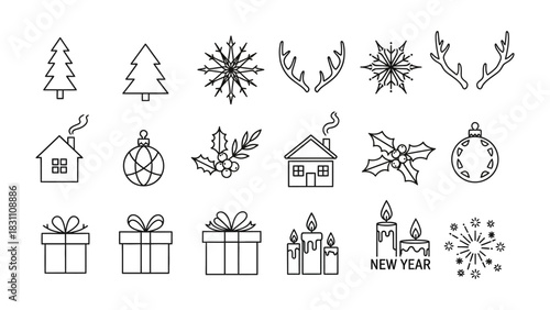 Holiday Icons Collection: A collection of simple, black and white line art illustrations perfectly captures the spirit of the holidays, Christmas and new year.