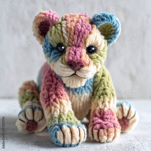 Knitted Tiger Cub. Handicraft. A miniature, funny tiger crocheted from yarn is a cute and kind gift.