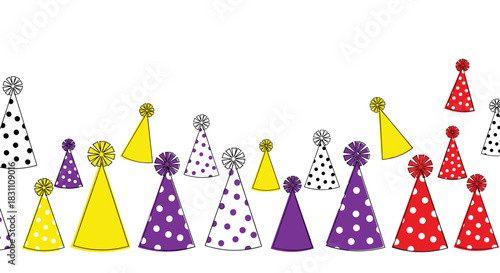 A colorful collection of festive party hats in various sizes and patterns, including polka dots, against a clean white background.
