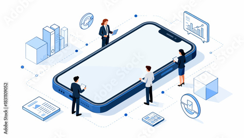 This isometric illustration depicts a modern business scene: businesspeople in suits gather around an oversized smartphone, surrounded by office items and data graphics, digital collaboration.