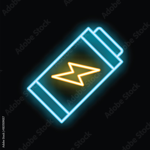 Glowing neon sign depicting a battery being charged, set on a black background