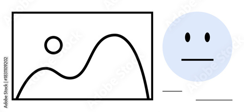 Abstract line art featuring a simple landscape with sun, neutral face, and text line elements. Ideal for communication, simplicity, creativity, minimalism, emotion graphic design conceptual art. A