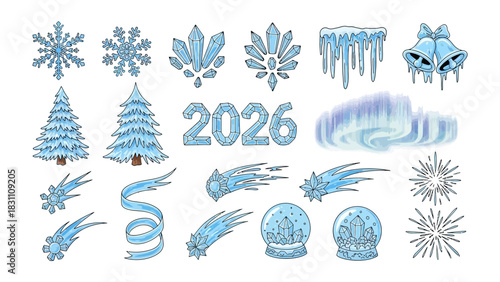 Winter Wonderland: A collection of frosty elements and the year 2026, ideal for crafting winter themes. The design features a serene winter theme with snow, icicles, and ice crystals. 