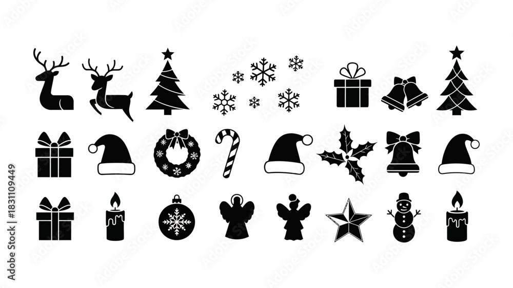 Obraz premium Festive Silhouette: A collection of festive silhouettes, including a reindeer, a christmas tree, snowflake, a present, a bell, santa hat and other christmas theme elements.