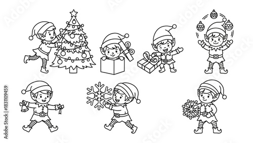 Festive Elf Silhouette Set: A charming collection of elf silhouettes engaged in various seasonal activities, from decorating trees to wrapping presents, perfectly capturing the spirit of celebration.