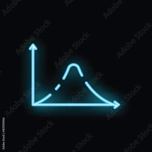 Neon blue glowing symbol of normal distribution bell curve graph with axis on black background