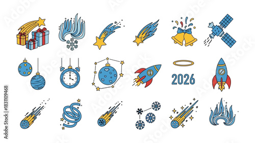 Cosmic Elements: A vibrant collection of astronomical elements, including stars, comets, rockets, and celestial bodies. These elements are set against a cosmic backdrop.