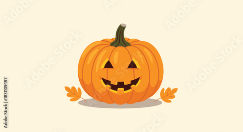 A cheerful orange jack-o'-lantern with a carved face, glowing from within, is flanked by two autumn leaves on a light background.