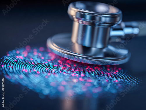 Medical stethoscope resting on a vibrant digital fingerprint pattern symbolizing healthcare technology and biometric security in modern diagnostics and treatment