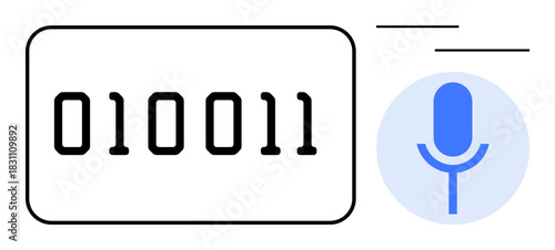 Binary digits next to a microphone icon, representing voice recognition, coding, AI interaction, and audio data processing. Ideal for technology, software, communication, AI innovation voice