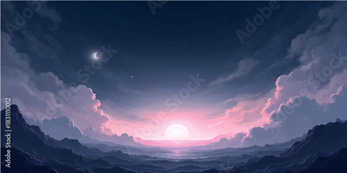 Beautiful landscape of mountains at sunrise and sunset under a dramatic sky with vibrant clouds of orange, red, and blue light