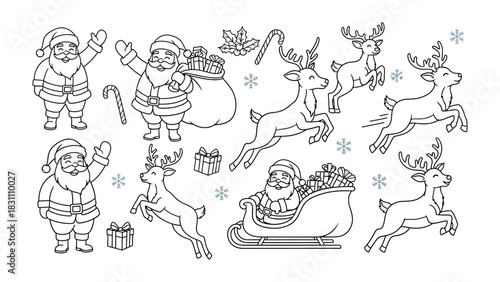 Festive Set of Elements: A delightful array of line art images capturing the magic of the holiday season, with illustrations of a jolly figure and his reindeer, ready to bring cheer and gifts to all.