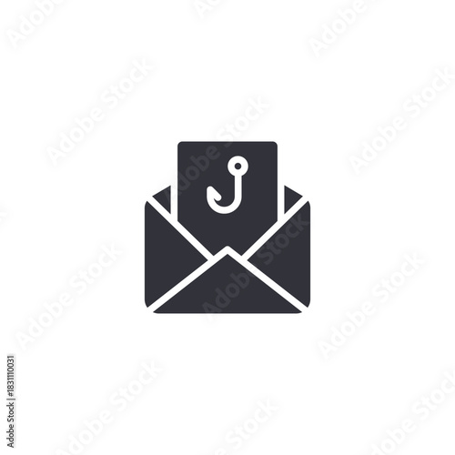 Email phishing hook. Envelope with hook symbol describing phishing attack attempt, email fraud awareness, and cyber security threat.