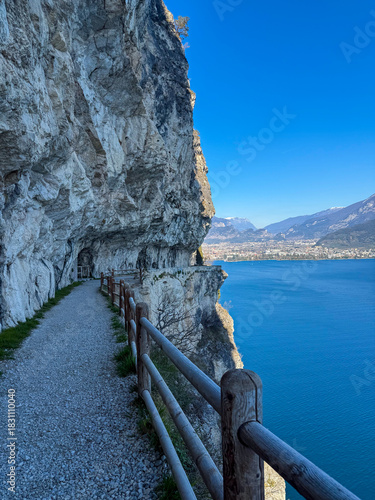 Tagliata del Ponale old road on the edge of the cliff over Lake Garda, Italy