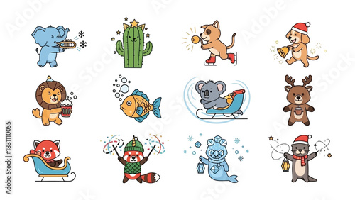 Whimsical Animal Festive Collection: A vibrant array of illustrated animals, each decked out in holiday attire, bring a touch of cheer to the winter season. 