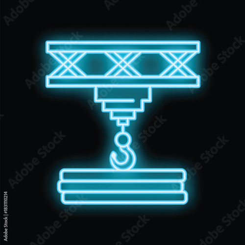 Blue neon icon of an overhead crane lifting metal plates, isolated on black background