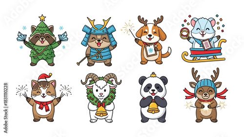 Festive Animal Charms: A delightful collection of cartoon animals, each adorned in charming festive attire, radiating joy and holiday spirit. 