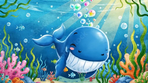 Whimsical underwater scene with friendly whale and small fish swimming among coral and seaweed