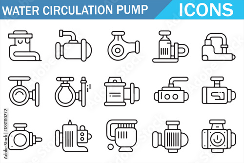 Fluid Control and Water Pump Line Icons Set for Technical UI