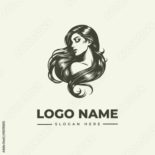 Classic elegant woman face profile with beautiful long flowing hair, a stylized vector logo illustration in an engraving technique, perfect for branding