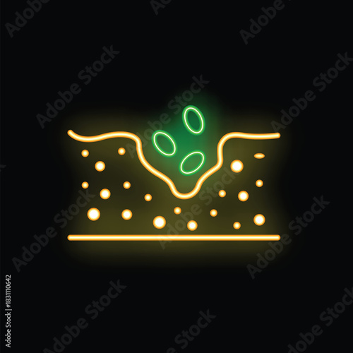 Neon icon of green seeds sowing in yellow soil representing planting and gardening