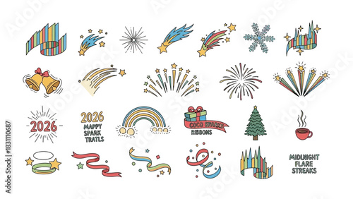 Festive New Year's and holiday graphic elements: A joyful ensemble of diverse illustrations heralds the New Year and holiday celebrations, encompassing stars, decorations.