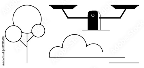 Balance scale, cloud, and tree outline convey concepts of justice, harmony, and environmental balance. Ideal for law, sustainability, fairness, equality minimalism decision-making mindfulness