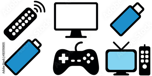 A collection of digital entertainment icons including tvs remotes and gamepads