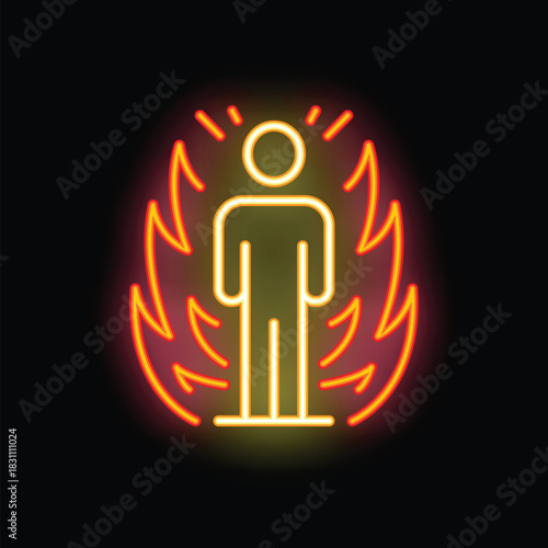 Neon sign of a person standing unaffected by a ring of fire, representing courage and fearlessness