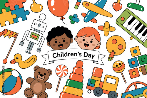 Cartoon children with toys and a banner that says Children's Day, celebrating childhood and fun.
