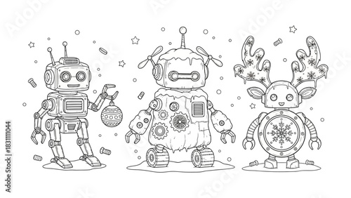 Robotic Holiday Trio: A charming illustration depicts a trio of whimsical robots, each uniquely adorned with festive decorations, embodying the spirit of celebration and technological charm.