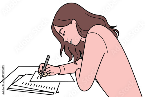 A young woman is diligently writing on a piece of paper, focused on her task at hand.