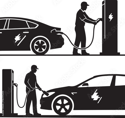 Electric vehicle charging station or EV charge point for electric vehicles with man, Pure Black Vector Silhouette, solid fill, no outline, minimal shapes. eps 10, print ready, 