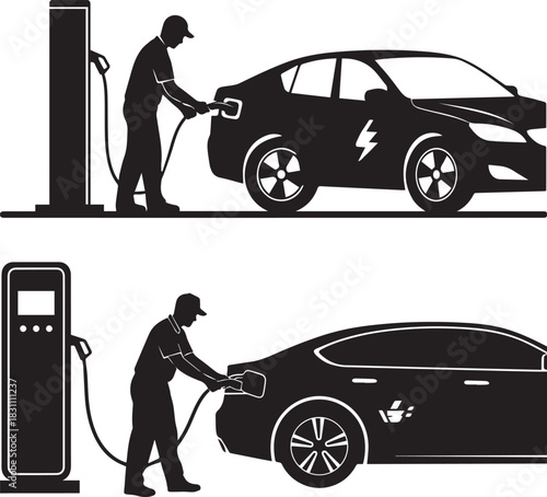 EV Service & Maintenance Illustration, Electric Vehicle Charging Technician, Clean Black Silhouette Design, car charging station ev recharge point icon. 
