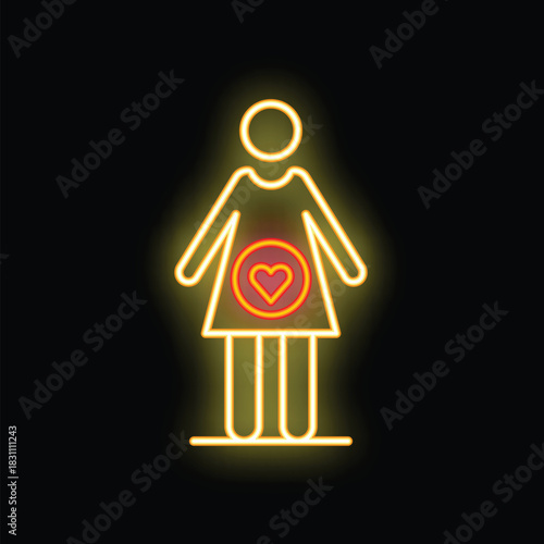 Neon sign representing a pregnant woman with a heart symbol on her belly