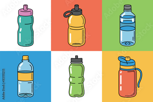 A collage of six different colorful water bottles arranged in two rows against a vibrant tiled background.
