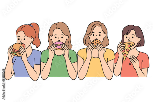 Four young women are enjoying eating diverse types of fast food including a burger, donut, pizza, and a sandwich.