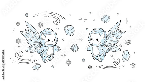 Charming Ice Fairies in Whimsical Flight: Two adorable ice fairies with crystalline wings and gentle features dance amidst swirling snowflakes and ethereal gems, bringing a touch of wonder.