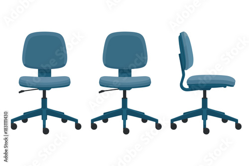 A modern blue office chair is shown from three different angles against a white background.