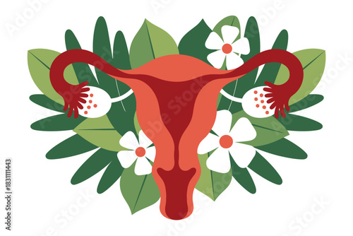 The female reproductive system is illustrated with floral elements and green leaves.