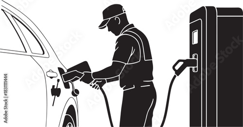 Solid black silhouette of EV charging maintenance worker checking cables, ensuring safety and functionality. 