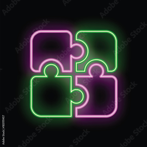 Four neon puzzle pieces are glowing on a dark background, forming a square