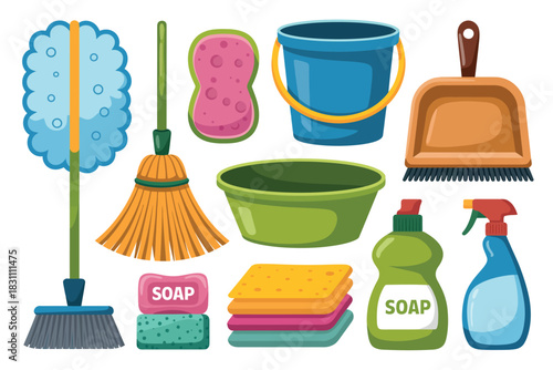 A collection of cleaning supplies including a mop, broom, dustpan, bucket, sponges, and spray bottles are arranged on a white background.