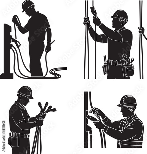 EV charging maintenance worker bending slightly while inspecting thick charging cables, featuring clean edges, strong contrast,  four different  style  ev charging checking with workers. 