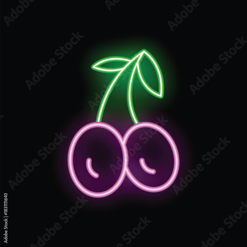 Neon sign showing two cherries with stem, glowing in purple and green on black background