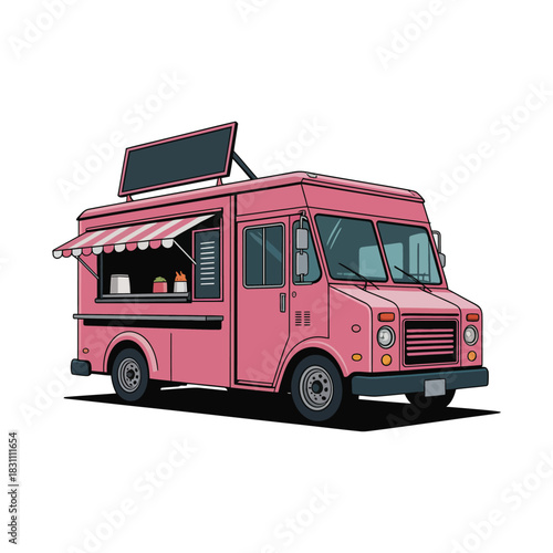 A pink food truck with an awning and a menu board is parked on a white background.
