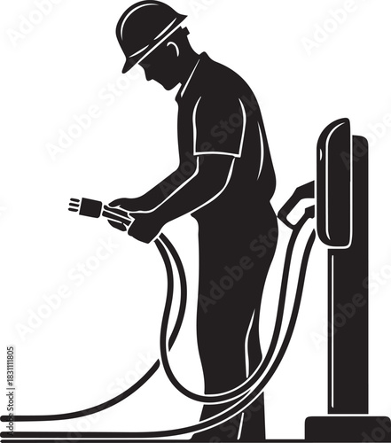 Worker Inspecting and Checking Power Cables,  Technician Reviewing and Testing Connector Cables, safety engineer working with cables, construction repair, simple & clean vector illustration design. 